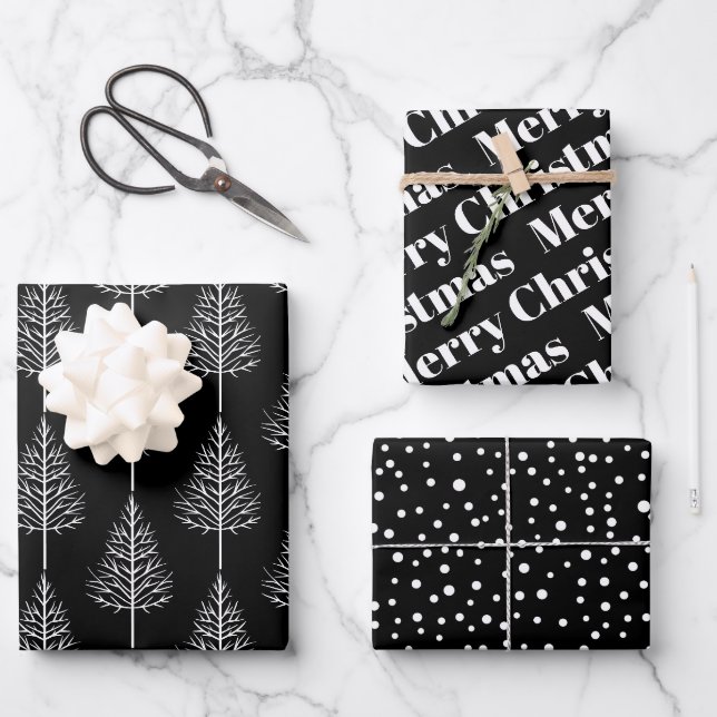 Black, white Christmas, trees, polka dots holiday Wrapping Paper Sheet (Front)
