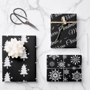 Black, white Christmas, Trees, Snowflakes holiday Wrapping Paper Sheet