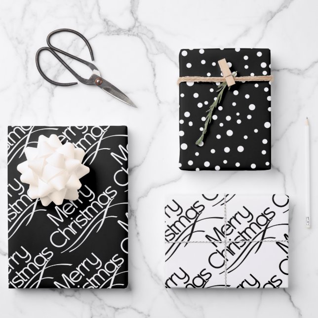 Black, white Christmas typography and dots holiday Wrapping Paper Sheet (Front)