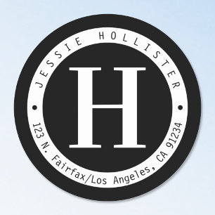 Black & White Circle Frame Monogram Return Address Classic Round Sticker