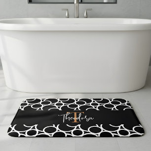 Black & White Circle Pattern with Monogram Bath Mat