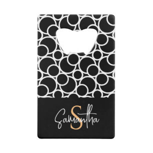 Black & White Circle Pattern with Monogram Credit Card Bottle Opener