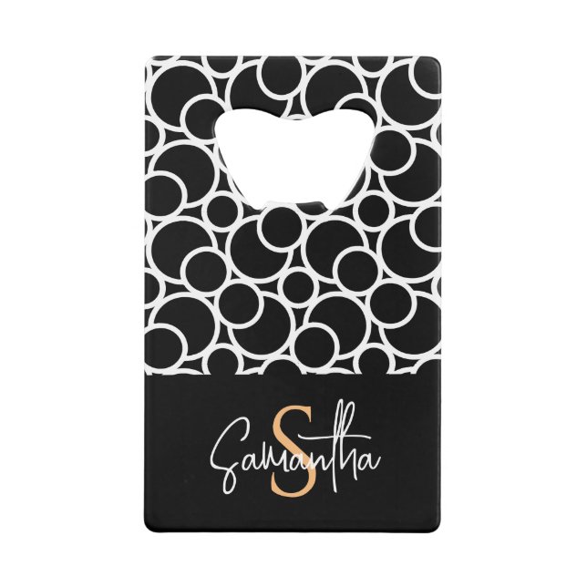 Black & White Circle Pattern with Monogram  Credit Card Bottle Opener (Front)