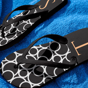 Black & White Circle Pattern with Monogram Flip Flops