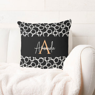 Black & White Circle Pattern with Monogram  Throw Pillow