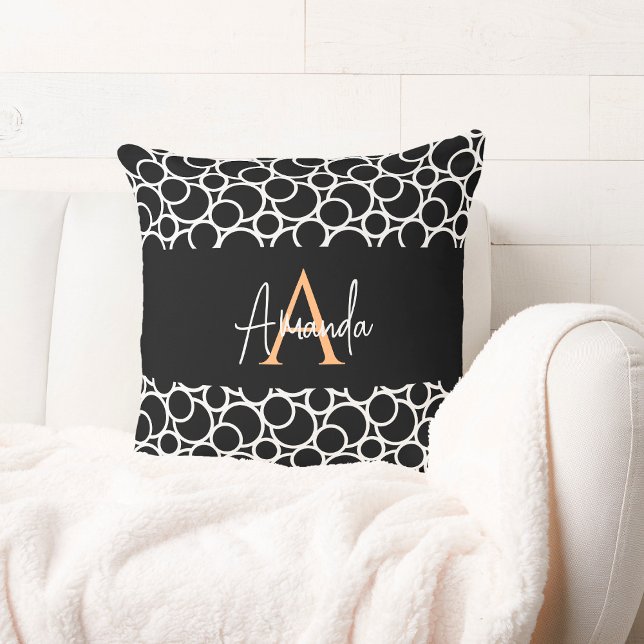 Black & White Circle Pattern with Monogram  Throw Pillow (Creator Uploaded)