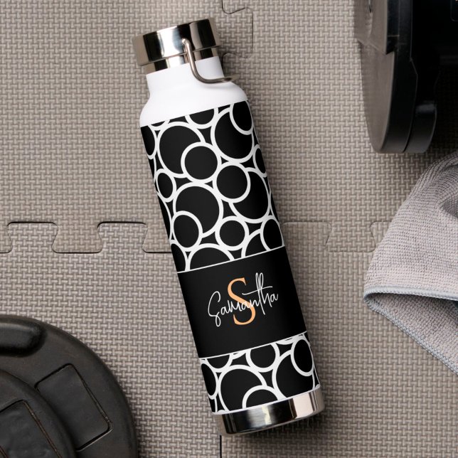 Black & White Circle Pattern with Monogram Water Bottle (Creator Uploaded)