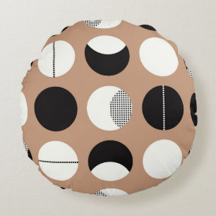 Black, white circles, brown background. round pillow