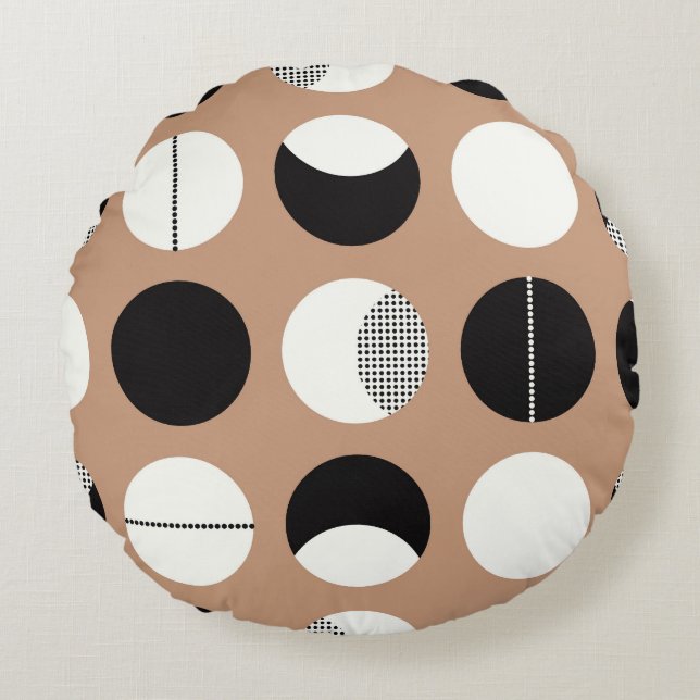 Black, white circles, brown background. round pillow (Front)
