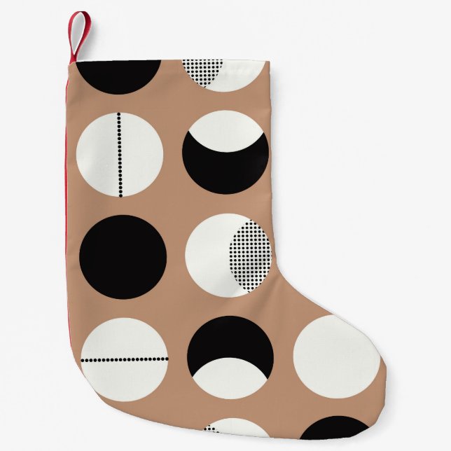 Black, white circles, brown background. small christmas stocking (Front)