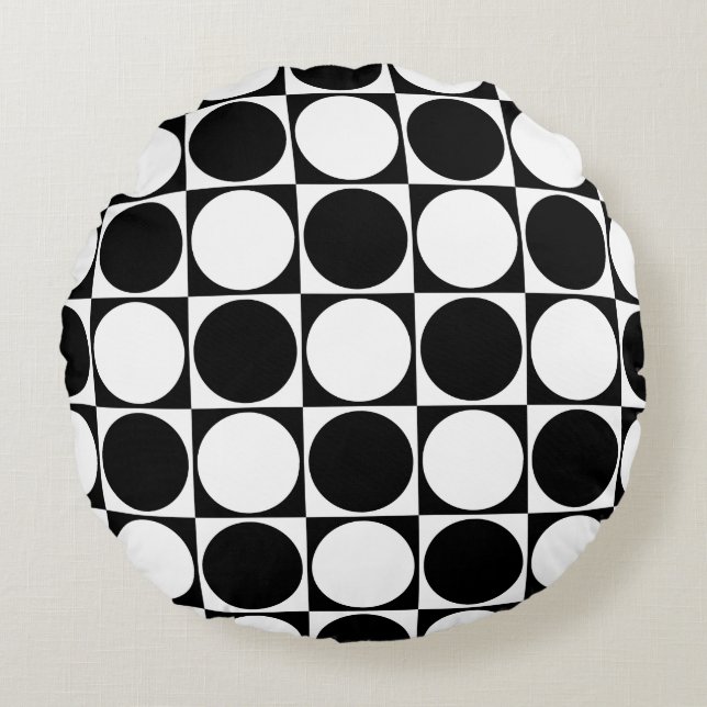Black&White Circles&Squares, Decorative Design Round Pillow (Front)