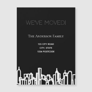 Black white city skyline we moved annoucement