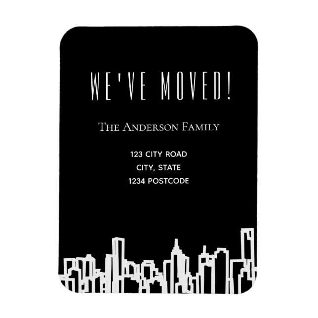 Black white city skyline we moved announcement magnet (Vertical)