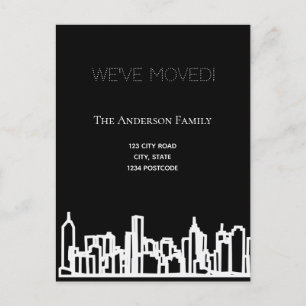 Black white city skyline we moved announcement postcard