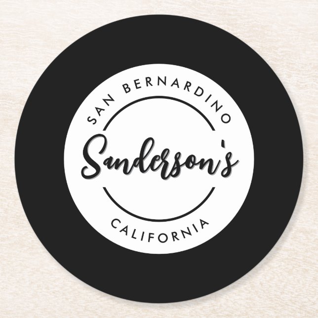 Black White City Town Place Location Name Circle  Round Paper Coaster (Front)