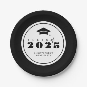 Black White Class of 2025 Graduation Paper Plate