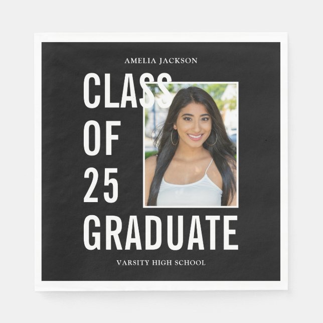 Black & White Class Of 25 Photo Graduation Paper Napkin (Front)