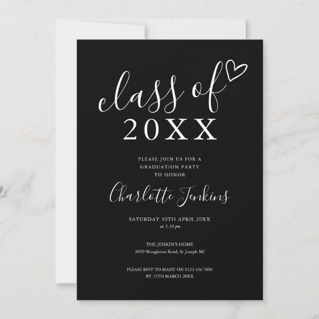 Black White Class of Script Heart Graduation Party Invitation (Front)