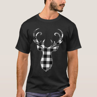 Black White Classic Christmas Buffalo Plaid Deer H T-Shirt