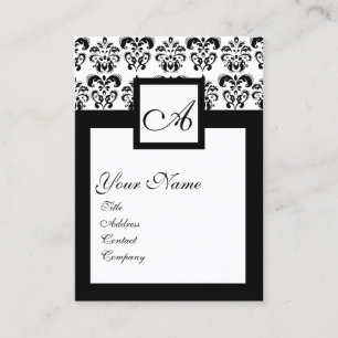 BLACK WHITE CLASSIC DAMASK SQUARE MONOGRAM BUSINESS CARD
