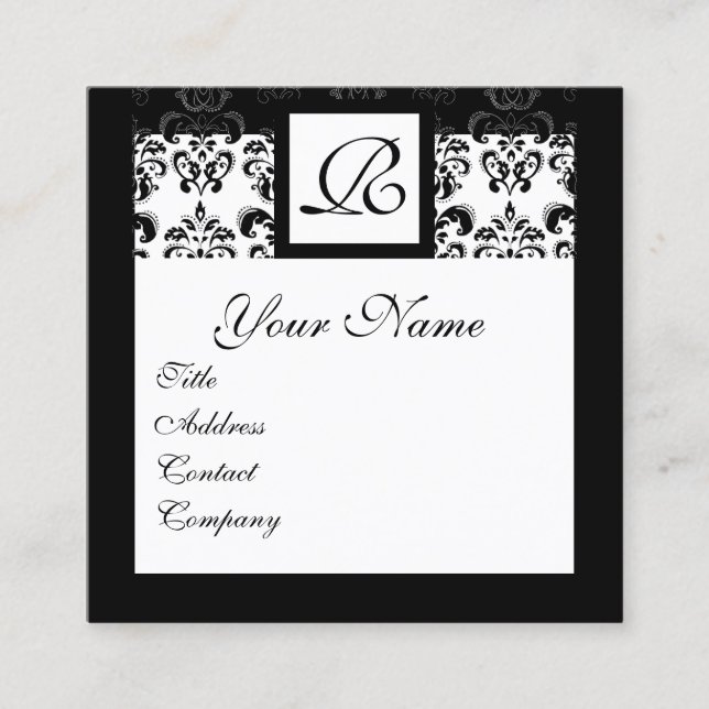 BLACK WHITE CLASSIC DAMASK SQUARE MONOGRAM SQUARE BUSINESS CARD (Front)