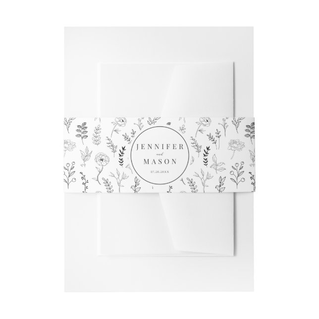 Black white classic floral wedding belly band invitation belly band (Front Example)