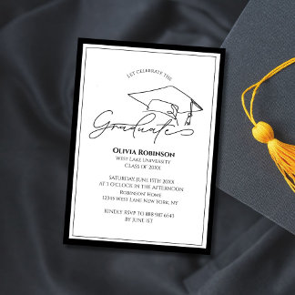 Black White Classic Graduation cap typography Invitation