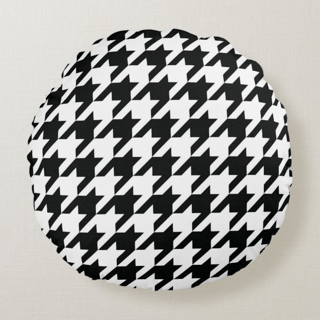 Black White Classic Houndstooth Check Round Pillow (Front)
