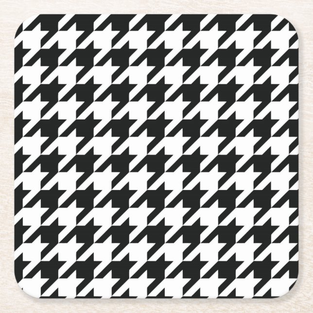 Black White Classic Houndstooth Check Square Paper Coaster (Front)