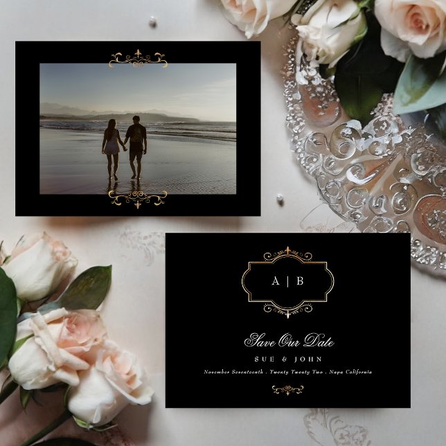 black white classic photo gold monogram wedding save the date (Creator Uploaded)
