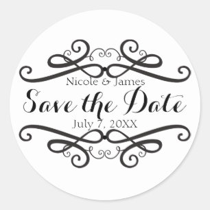 Black & White Classic Vintage Save the Date Round Sticker