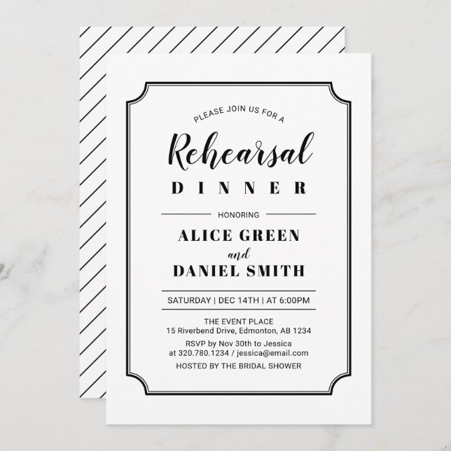 Black & White | Classic Wedding Rehearsal Dinner Invitation (Front/Back)