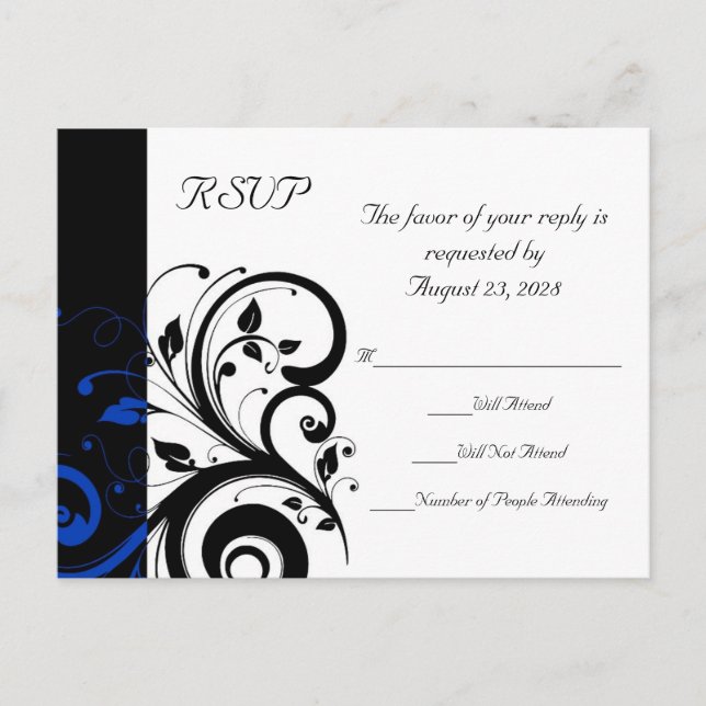 Black/White/Cobalt Blue Bold Swirl Wedding Invitation Postcard (Front)