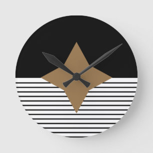 Black White Colorblock & Brown Diamond Round Clock