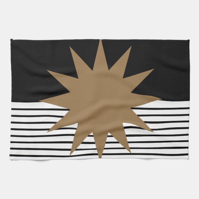 Black White Colorblock & Brown Sun Kitchen Towel (Horizontal)
