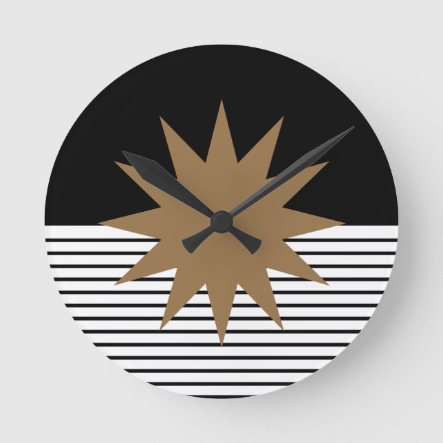 Black White Colorblock & Brown Sun Round Clock (Front)