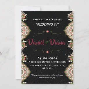 Black &  white,colourful floral decorations weddin invitation
