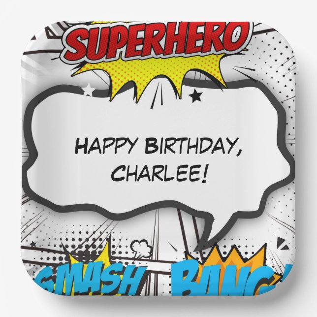 Black & White Comic Book Superhero Birthday Party Paper Plate (Front)