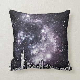 Black & White Comic Style City Skyline Starry Sky Throw Pillow