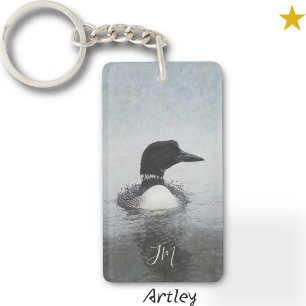 Black White Common Loon Bird Painting Custom Name Keychain