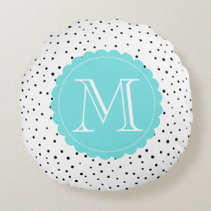 Black & White Confetti Dots Blue Monogram Round Round Pillow