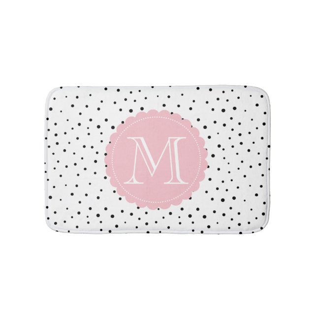 Black & White Confetti Dots Blush Monogram Bath Mat (Front)