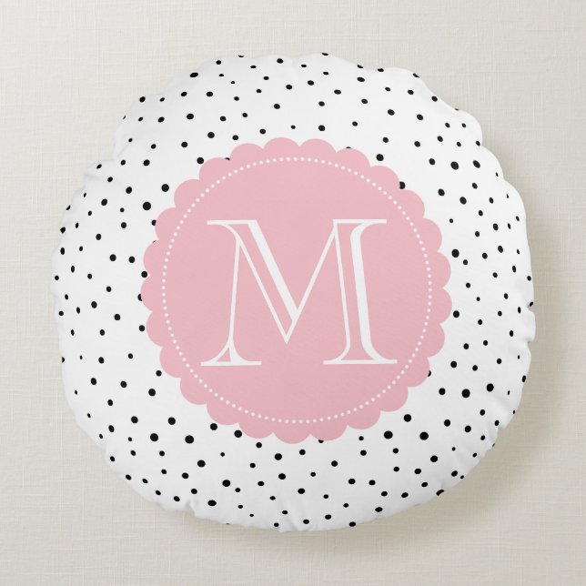 Black & White Confetti Dots Blush Monogram Round Round Pillow (Front)