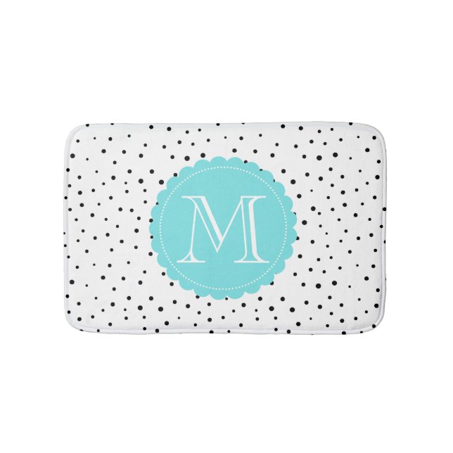 Black & White Confetti Dots Light Blue Monogram Bath Mat (Front)