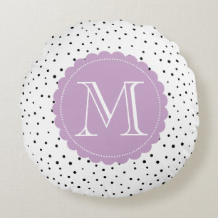Black & White Confetti Dots Lilac Monogram Round Pillow
