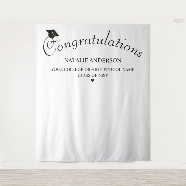 Black & White Congratulations Graduation Backdrop Tapestry (Front)