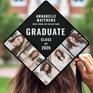 Black White Contemporary Modern Multi Photo Graduation Cap Topper