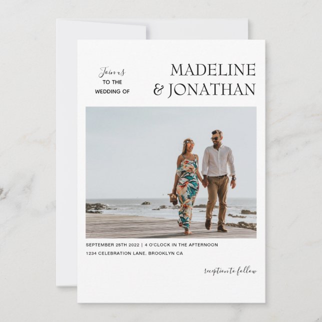 Black White Contemporary Monogram Photo Wedding Invitation (Front)