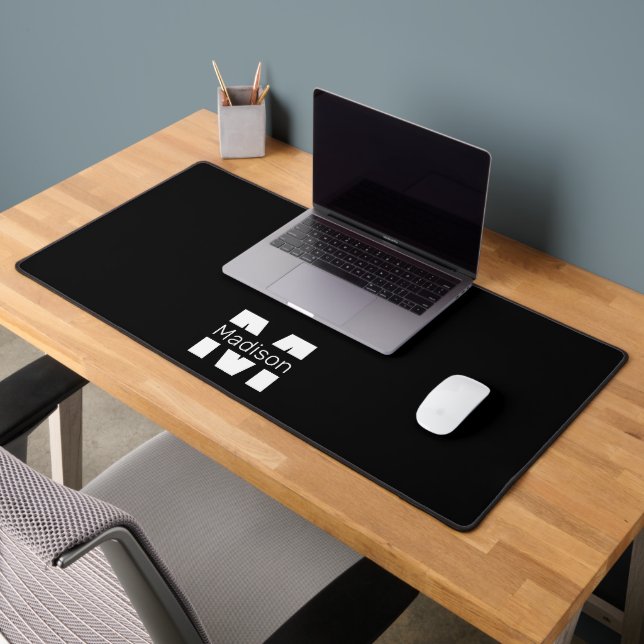 Black white cool modern minimal design Monogram Desk Mat (Office 2)