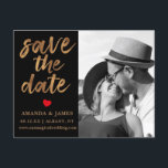 Black & White Cooper Faux Foil Photo Save The Date Announcement Postcard<br><div class="desc">Elegant unique wedding save the date photo postcard. Design features of black and white photo,  ''save the date'' in trendy handwritten script in gold cooper faux foil texture and red hearts. Add your details to the back.</div>